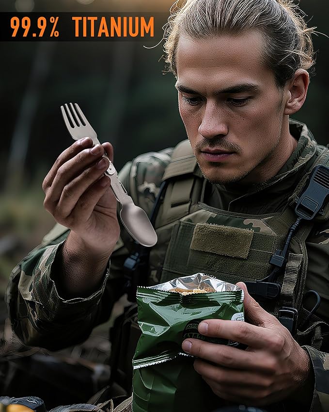 (2Pack) Titanium Spork 3 in 1 Folding Fork and Spoon Eco-Friendly Ultralight Camping Spork with Locking Function, Portable Flatware for Outdoor Camping Backpacking Hiking Travel Picnic Tableware
