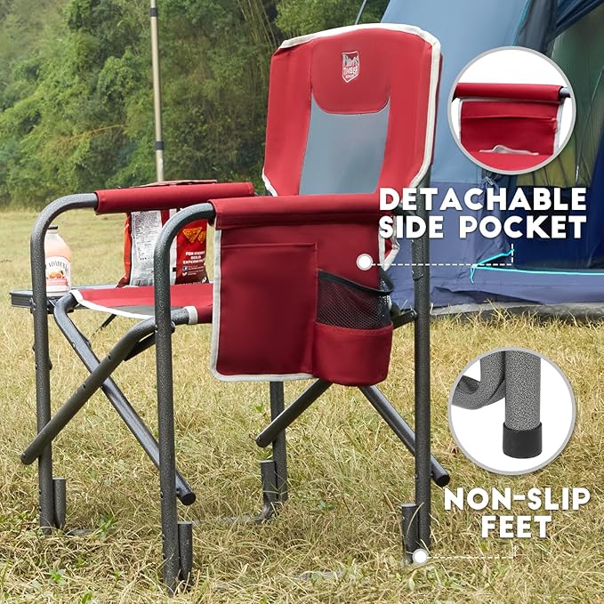 Timber Ridge Aluminum Oversized Camping Chair, Lightweight Portable Directors Chair with Side Table Detachable Side Pocket for Outdoor Camping, Lawn, Picnic, Support 400lbs Red