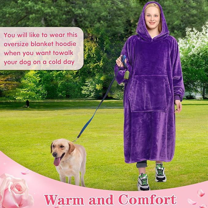 Waitu Wearable Blanket Sweatshirt Gifts for Women and Men, Warm and Cozy Giant Blanket Hoodie, Thick Flannel Blanket with Sleeves and Giant Pocket - Violet
