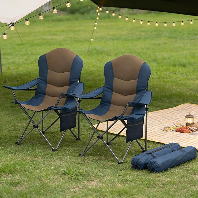 Oversized Camping Chair Heavy Duty- Portable Folding Chair, Cup Holder & Waterproof Phone Case for Adults, Beach, Hiking, Backyard (Blue & Brown, 2 PCS-21)