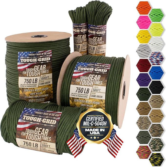 TOUGH-GRID 750 Paracord Military Grade Nylon Rope - Type IV Mil-Spec Made in USA - Tactical Survival Cord