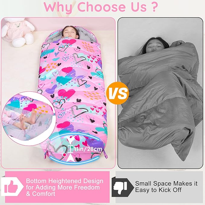 FIOBEE Kids Sleeping Bag for Girls Boys 3 Season Warm & Cool Weather Youth Camping Sleeping Bags with Backpacking Bag Waterproof for Traveling Hiking Indoor Outdoor Camping Essentials