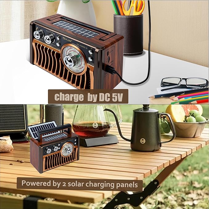 Portable AM FM Radios, Retro Radios with High-Powered Speakers, Support USB Power and Solar Panels Charging.Bluetooth TF Card (Rose Gold)