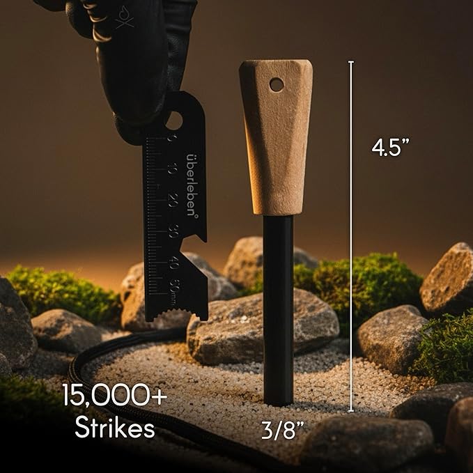 Überleben | Zünden Original Ferro Rod Fire Starter Survival Tool – Up to 15,000 Strikes, 3/8" Fire Steel with Wood Handle, Multi-Tool Striker & Lanyard – Waterproof Camping Essentials