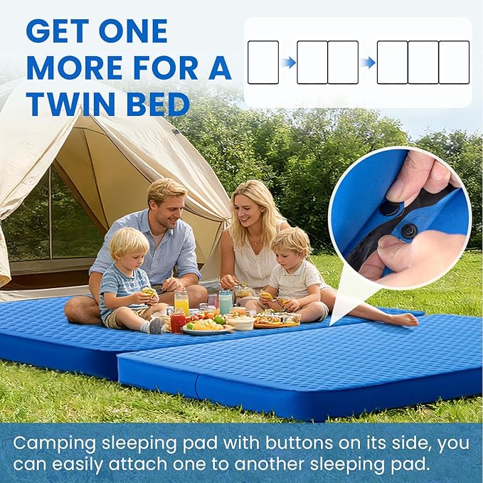 Self Inflating Double Sleeping Pad for Camping with Electric Pump 4 Inch Ultra Thick Memory Foam 2 Person Inflatable Sleeping Pad All Season Full Size Portable Camping Mattress for Travel, Tent (Blue)