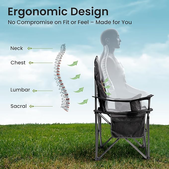 Oversized Camping Chair Heavy Duty- Portable Folding Chair, Cup Holder & Waterproof Phone Case for Adults, Beach, Hiking, Backyard, Black & Gray,2PCS XL