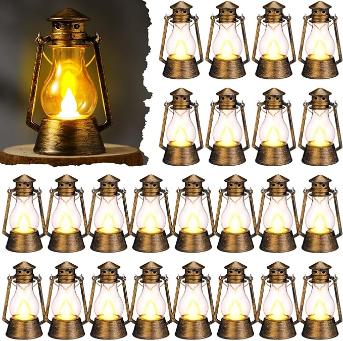 Ferraycle 24 Pcs Mini Lantern for Centerpiece Western Wedding Decor 4 Inch Camping Decorative with LED Candle Vintage Hanging Lantern Ornaments Bulk for Cowboy Cowgirl Xmas Party Decoration (Bronze)