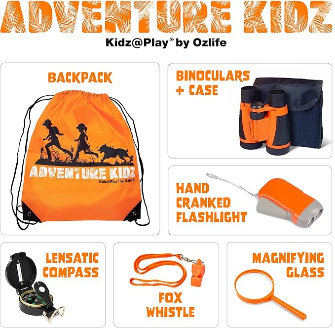 Adventure Kidz - Outdoor Exploration Kit, Children’s Toy Binoculars, Flashlight, Compass, Whistle, Magnifying Glass, Backpack. Great Kids Gift Set for Camping, Hiking, Educational and Pretend Play.