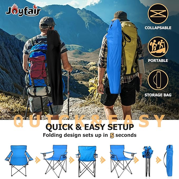 Joyfair Portable Camping Chair, Outdoor Lawn Folding Chairs for Adults, Heavy Duty Large Foldable Chairs for Beach, Fishing, Tailgating and More Outdoor Sport, Carry Bag & Cup Holder