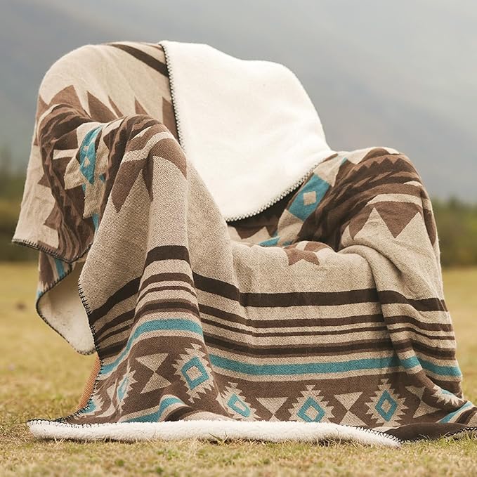 Aztec Throw Blanket with Soft Sherpa Lining, Traditional Southwestern Navajo Tribal Style Warm Throw for Camping, Outdoor, Cozy Boho Blanket for Couch, Sofa, Bed, 50"x60", Teddy Brown