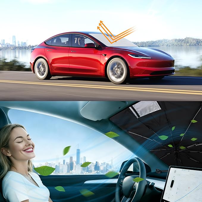 Windshield Sun Shade Umbrella Custom Fit 2012-2026 Tesla Model S Accessories (Fit Long Range/LR Model) Foldable Sunshade Sun Blocker Visor Protector