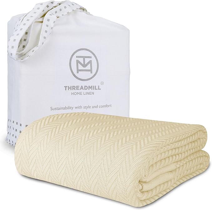 Threadmill Luxury Cotton Blankets for Twin Size Bed | All-Season 100% Cotton Twin Blanket for Bed | Herringbone Soft & Cozy Fall Thermal Blanket, 350GSM, 68x92 inches | Vanilla Cream