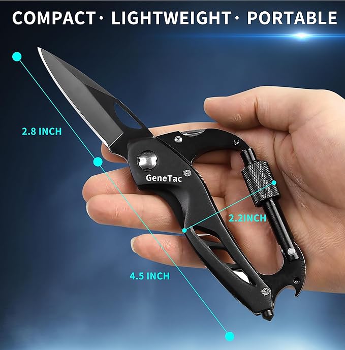 Multi-tool Carabiner with Pocket Knife, Bottle Opener, Window Breaker, Screwdrivers, EDC Tactical Survival Gear for Camping (Black)