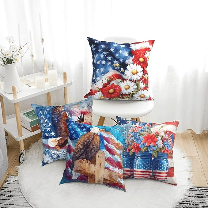 4th of July Flower Throw Pillow Covers 18 X 18 Inch Set of 4 Decorative Cushion Cover Home Decor for Sofa Chair Couch Bedroom Living Room