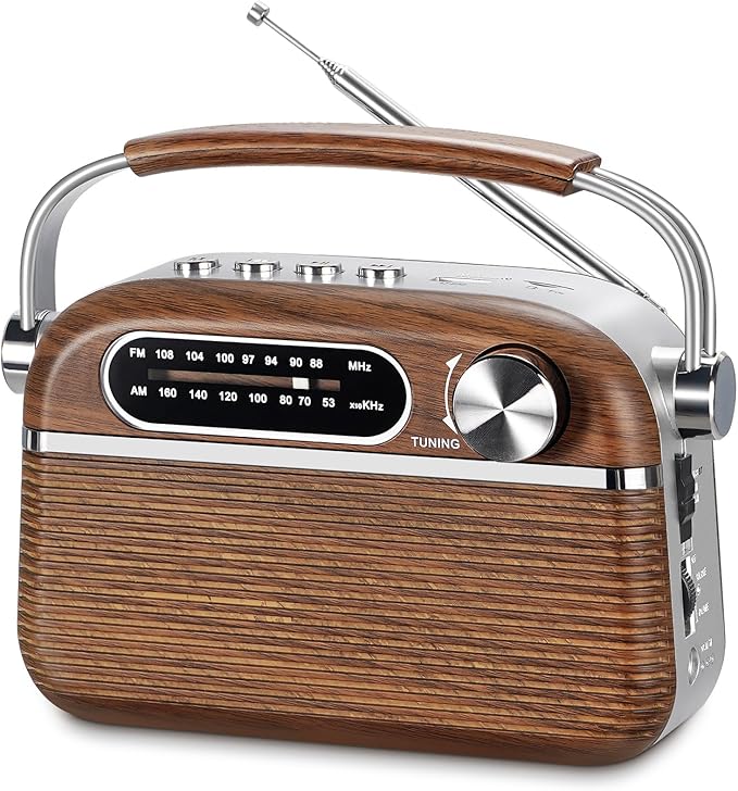 PRUNUS J-130 Retro Portable AM FM Radio AC Plug in Wall,Battery Operated/Rechargeable,Transistor Radios with Bluetooth,Vintage Wood Radio Support TF Card/USB Playing, for Dad and Mom