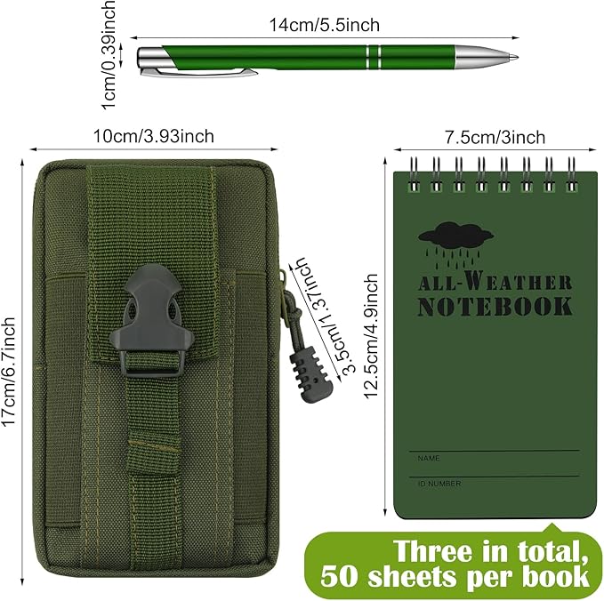Eaasty Waterproof Notebook and Pen Set 3 x 5 Inch Pocket Tactical Notebook with 1 Metal Weatherproof Pen and 1 Fabric Cover for Outdoor Activities Recording(Army Green,5 Pcs)