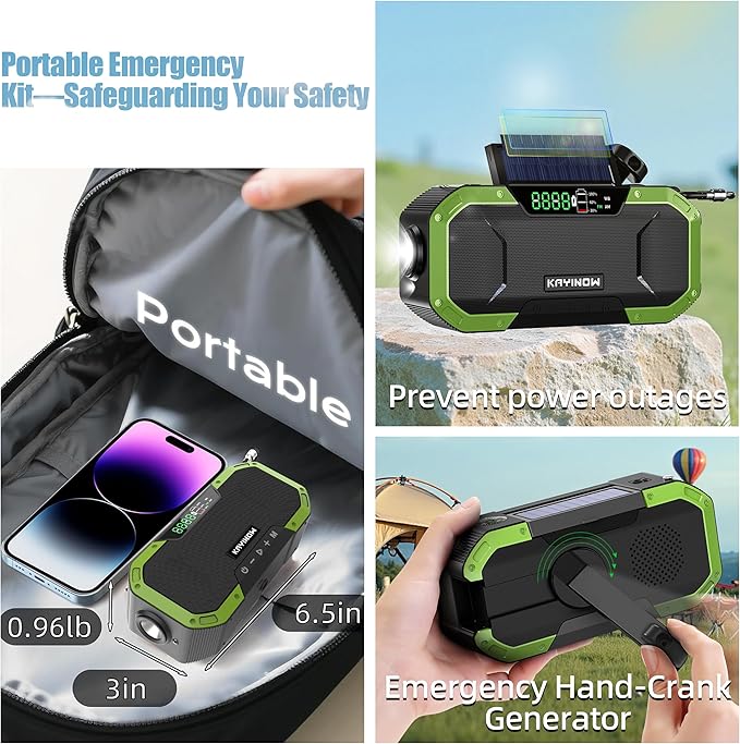 Hand Crank Emergency Radio,Portable AM FM NOAA Weather Radio,Solar Power,18500mWh/5000mAh Battery Operated,USB Charging Flashlight,Waterproof,SOS for Camping,Power Outage,Survival Storm