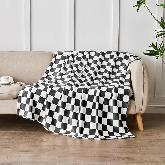 Edenleaf Checkered Blanket Flannel Throw Blankets Soft Cozy Checkered Grid Print Chessboard Gingham Pattern Throws for Bed Sofa Couch for All Seasons, 50x60 Inch, Black