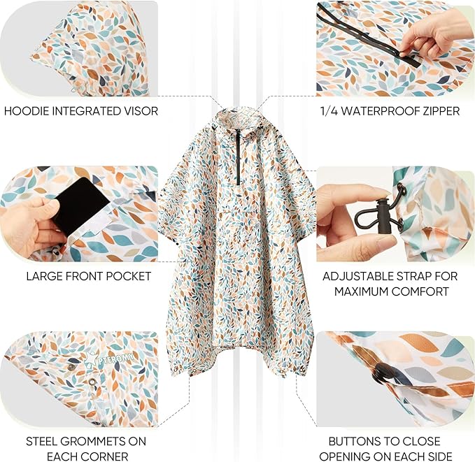 PTEROMY 3-in-1 Hooded Rain Poncho for Adult with Pocket, Waterproof Lightweight Unisex Raincoat for Hiking Camping Emergency