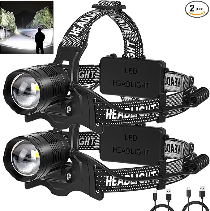 azamine LED Headlamp Rechargeable 2Pack, 99000 Lumens Bright Head Lamp, 90° Adjustable Head Lights for Forehead with 3 Modes, Long Runtime & Waterproof Headlamps for Adults Camping Hiking