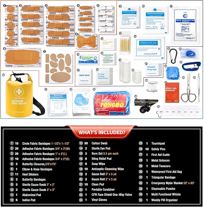 Waterproof First Aid Kit 186 Pcs Survival Gear, Portable Small Boat Dry Bag Bug Out Bags, Emergencies Medical Kit Ideal for Boating, Fishing, Hiking, Camping, Kayaking (Yellow)