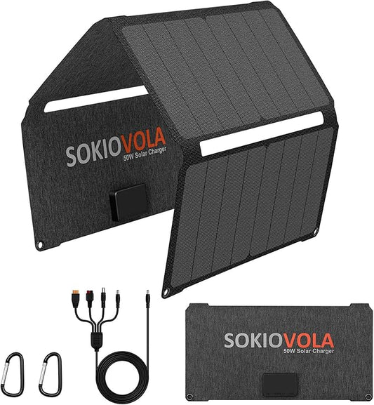SOKIOVOLA [Upgraded] Foldable Solar Panels 50W Portable Solar Panel Charger 3 Output Ports (USB-A USB-C DC) Folding Solar Panel for Camping Hiking RV Outdoor Activities