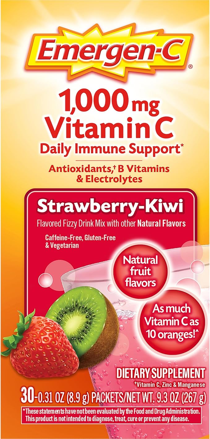 Emergen-C 1000mg Vitamin C Immune Support Powder Strawberry Kiwi 30CT includes Zinc, Manganese, 7 B Vitamins and Electrolytes for Back to School Essentials