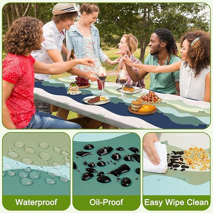 Picnic Table Cover with Bench Covers Portable Table Cloth Built-in Storage Pocket Fitted Tablecloth with Elastic Edges Waterproof Camping Essentials for Indoor Outdoor Rv,72in,Green Cat