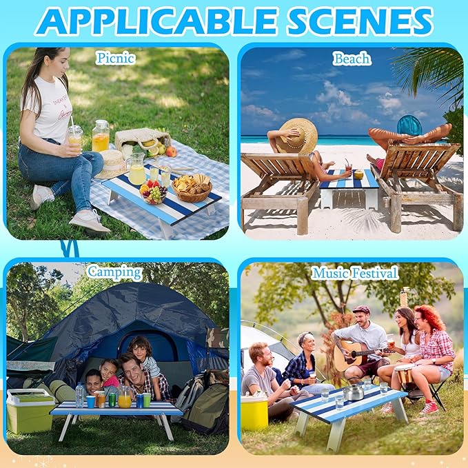 CroBlissful Beach Table Folding Camping Portable Table Striped White Aluminum Side with Carry Bag for Camping Picnics and Outdoor Activities(22x16x5 in,Navy Blue)
