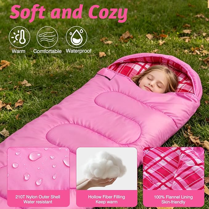 Uniqwamer Kids Sleeping Bag for Girls Boys - 4 Seasons Cold & Warm Weather Flannel Camping Sleeping Bags, Lightweight & Waterproof 45°F Sleeping Bag for Camping Hiking Outdoor Travel