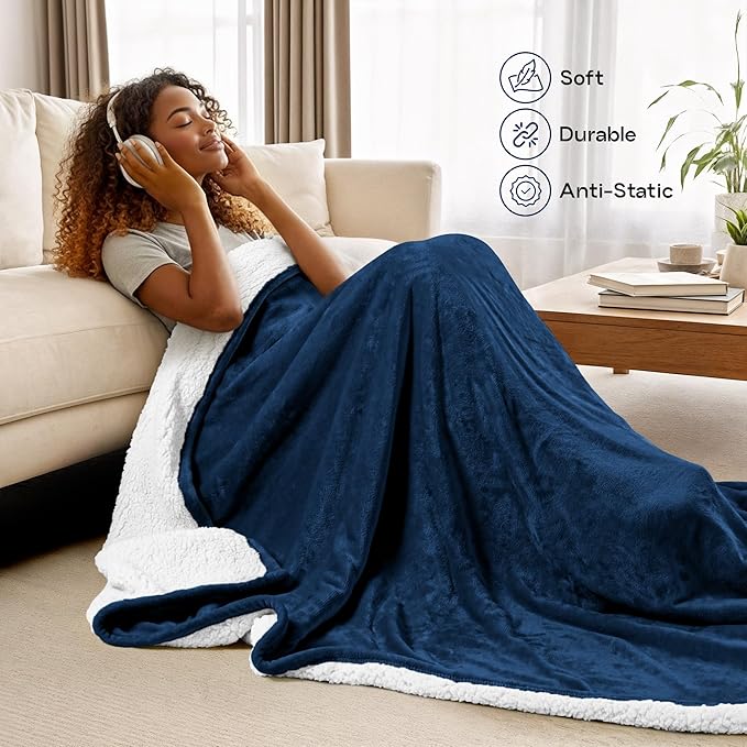 Utopia Bedding Sherpa Blanket King Size (Navy, 90x102 Inches) - Soft Lightweight Plush Fleece Reversible Blanket for Bed, Sofa, Couch, Camping and Travel