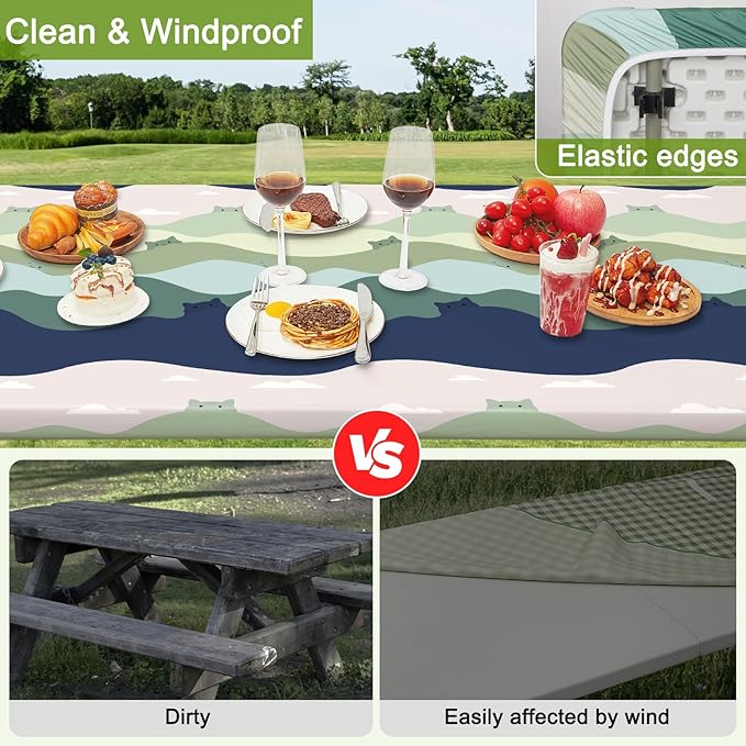 Picnic Table Cover with Bench Covers Portable Table Cloth Built-in Storage Pocket Fitted Tablecloth with Elastic Edges Waterproof Camping Essentials for Indoor Outdoor Rv,96in,Green Cat