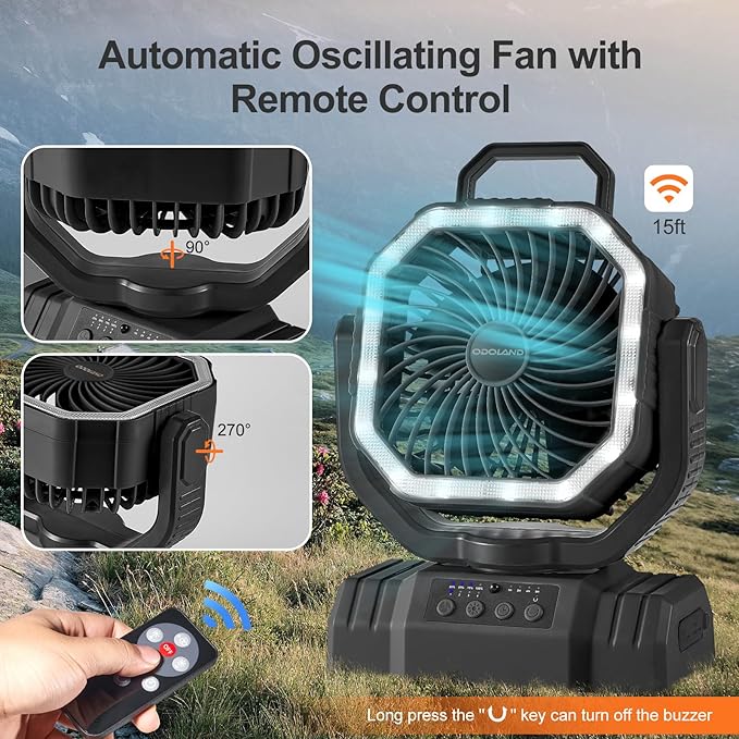 Odoland Portable Camping Fan with LED Lantern, 20000mAh Rechargeable Battery Powered Fan with Auto Oscillation, Timer, Remote, 360° Rotation Hook, 4 Speeds for Power Outage Travel Home,Black