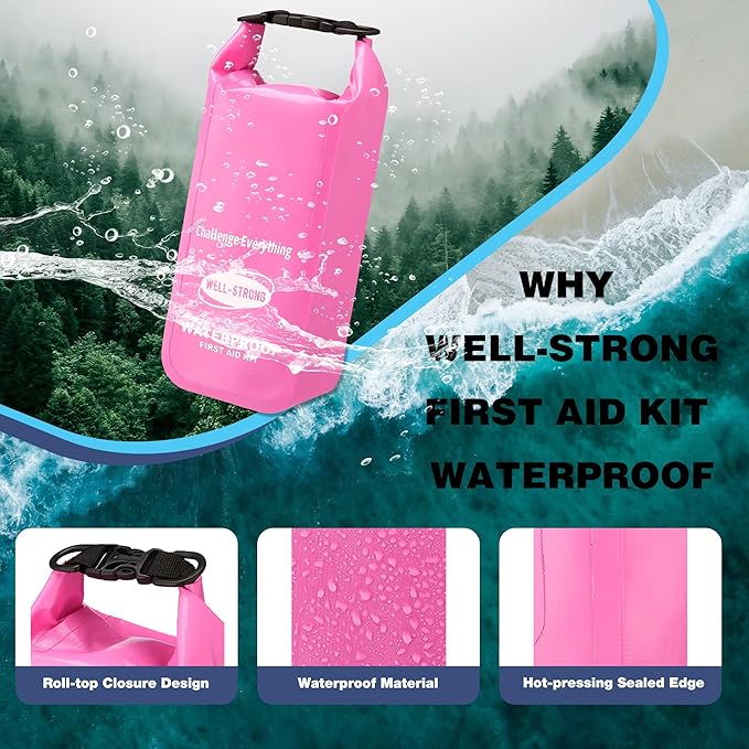 Boat First Aid Kit with Survival Tools, 123pcs Waterproof Emergency Marine Kit with Buckles, Compact Boat Safety Accessories for Fishing Kayaking Boating Camping Rafting Beach Pink