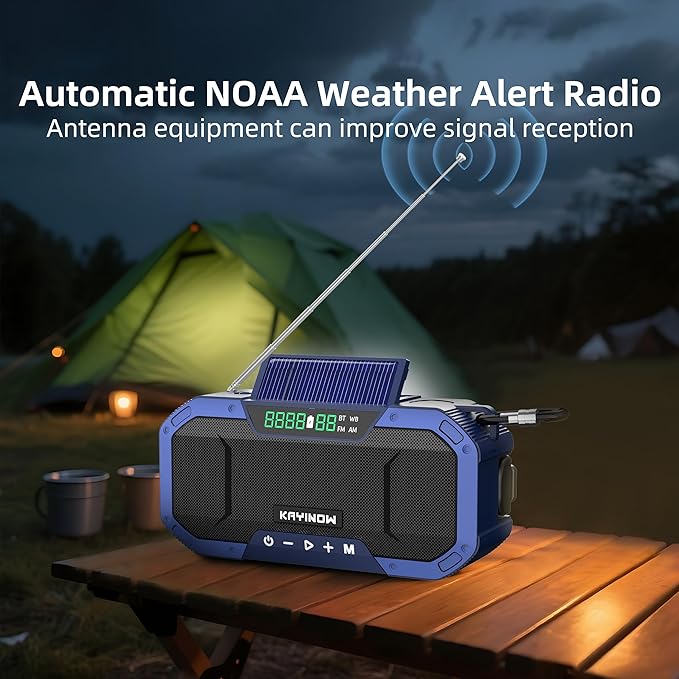 Emergency Weather Radio with Bluetooth,AM/FM/NOAA,Survival Radio Solar Crank,5000mAh Battery Power,IPX5 Waterproof,Portable and Shock-Resistant,Flashlight and SOS for Home Outage Storm Emergencies
