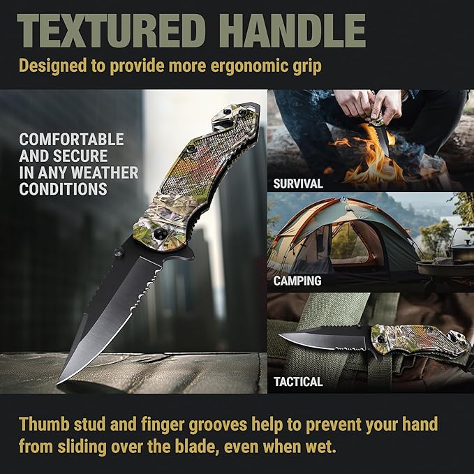 GOOD WORKER Legal Pocket Knife with 2.95” Serrated Blade, Glass Breaker, Seat Belt Cutter - EDC Sharp Folding Knives with Portable Clip - Small Tool for Tactical Camping Survival Hiking - Gifts for Men, Women
