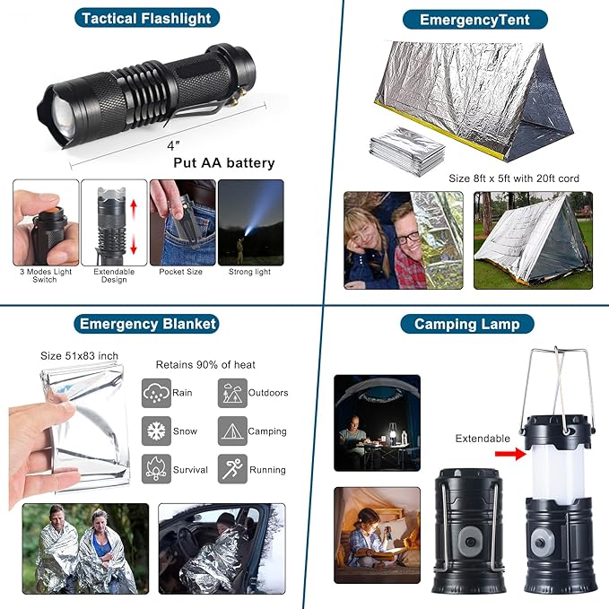 254 in 1 Survival Kit, First Aid Kit Survival for Outdoor Emergencies Includes Hatchet, Shovel, Flashlight, Tools Ideal for Camping, Hiking, Travel Gift for Men