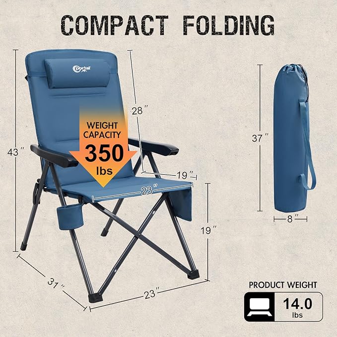 Portal Reclining Camping Chair with Adjustable Back Folding Camp Recliner for Adults Portable High Back Oversized, 350LBS (Blue)