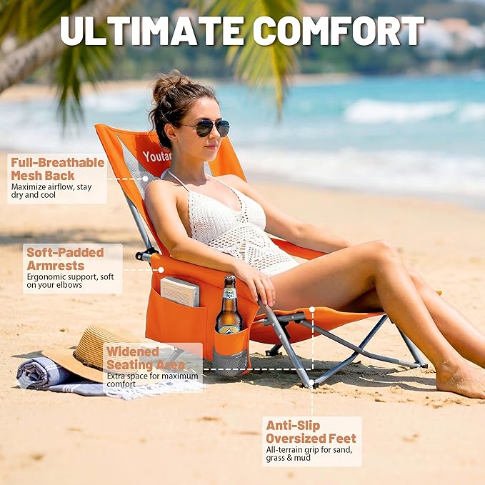 Youtanic Beach Chairs 2 Packs, Folding Portable Chair for Adults, Standard Back Extra Wide Seat with Cup Holder & Carry Bag, Lightweight Camp Chair for Outdoor, Beach, Sand, up to 350lbs, Orange