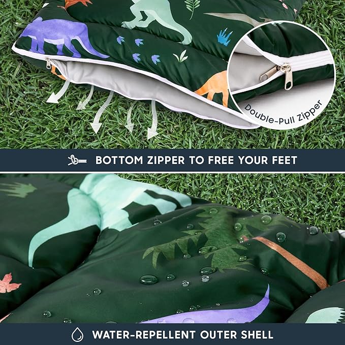 Wake In Cloud - Kids Sleeping Bag for Boys Toddlers, Camping in Warm Cold Weather, Backpacking Lightweight Compact Outdoor Liner for 3 Seasons, Watercolor Dinosaurs
