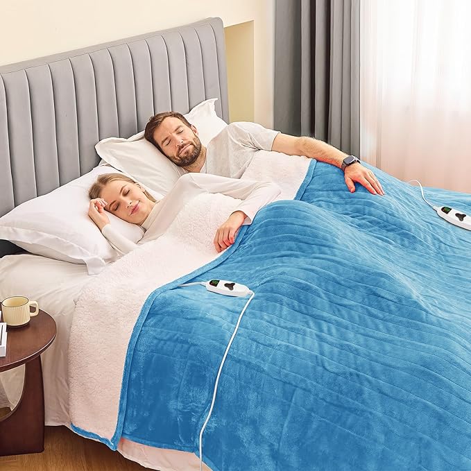 greenoak Heated Blanket Electric King Size 100"X90" Dual Control, Heating Blankets with 10 Levels 8 Hours Auto-Off, Soft Sherpa Fluffy House Warming Gifts for Grandma Seniors Momt,Pale Blue
