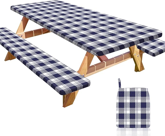 Picnic Table Cover with Bench Covers Portable Table Cloth Built-in Storage Pocket Fitted Tablecloth with Elastic Edges Waterproof Camping Essentials for Indoor Outdoor Rv,96in,Blue