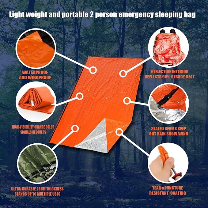2 Pack Emergency Sleeping Bag Survival Bag, Emergency Waterproof Lightweight Survival Gear, Portable Survival Thermal Bivy Sack for Outdoor Camping Hiking Adventure.