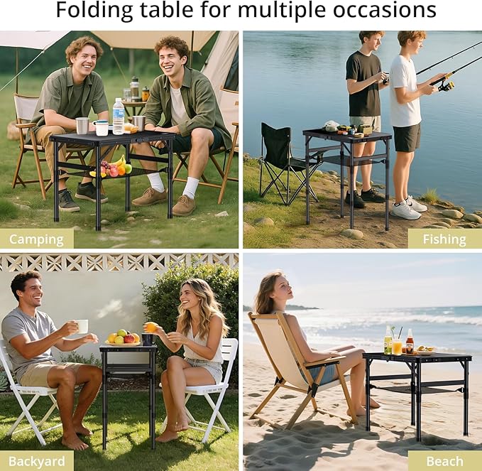 Anbte 2ft Small Folding Camping Table, Waterproof Flat Plastic Tabletop 3 Adjustable Height Portable Camping Table with Storage Net, for Picnic Indoor Outdoor Travel Beach, 22.8" X 15.7", Pure Black