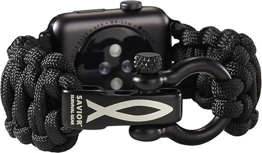 Savior Survival Gear Paracord Watch Band - Compatible with Apple Watch Band 49mm 46mm 45mm 44mm 42mm - iWatch Band Series Ultra 10 9 8 7 6 5 4 3 2 1 SE – Adjustable strap for men (Black, X-Large)