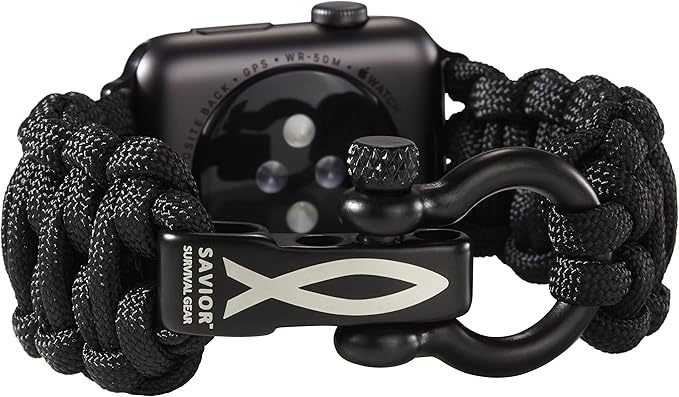 Savior Survival Gear Paracord Watch Band - Compatible with Apple Watch Band 49mm 46mm 45mm 44mm 42mm - iWatch Band Series Ultra 10 9 8 7 6 5 4 3 2 1 SE – Adjustable strap for men (Black, Large)