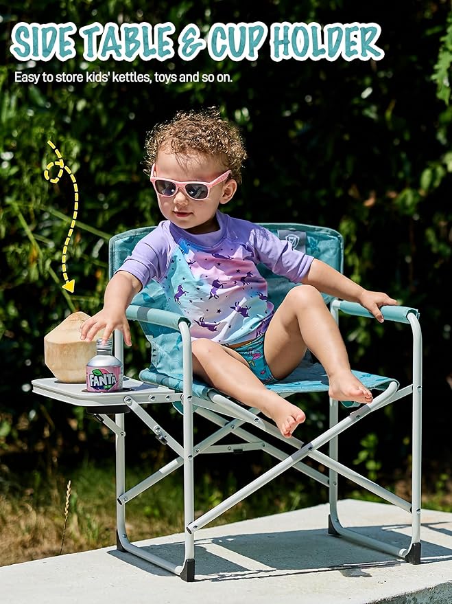 EVER ADVANCED Kids Directors Chair with Side table for Camping, RV & Sports, Padded Kid Outdoor Seat with Safety Lock, Lightweight Portable Camp Chairs for Beach, Balcony, Patio, Supports 150lbs Green