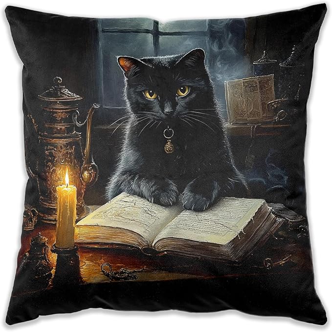 Dark Academia Witchy Black Cat Pillow Covers 18x18, Gothic Moody Reading Cat Decorative Throw Pillow Covers for Home Bedroom Library Reading Room Nook Corner