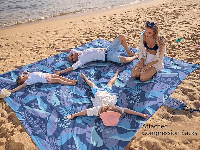 WEKAPO Beach Blanket Waterproof Sandproof Oversized, Extra Large Beach Mat Sand Free, Lightweight & Compact Sand Free Mat with 5 Stakes & 4 Corner Pockets