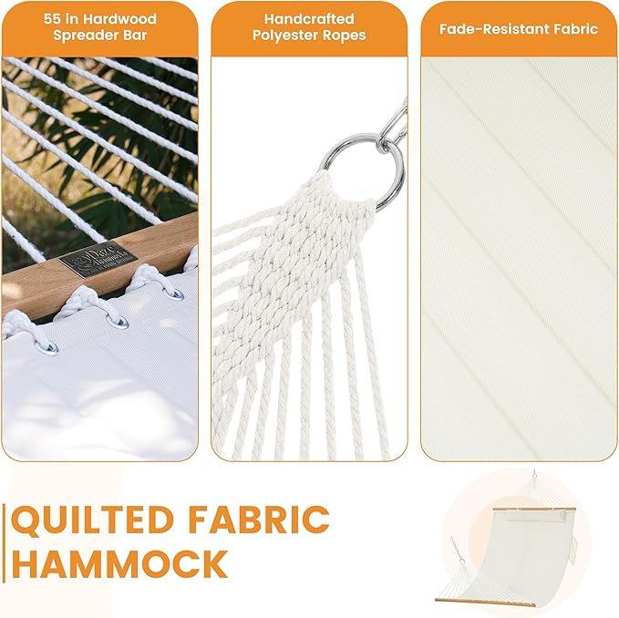 Lazy Daze Hammocks 2 Person Double Quilted Fabric Hammock with Spreader Bar, Detachable Pillow, Side Pocket, Carabiners, Chains, Straps for Outdoor, 450lbs Capacity, Natural